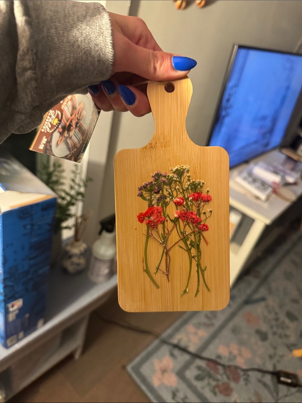 Pressed Floral Bamboo Serving Paddle - Natural with Red & Purple Flowers
